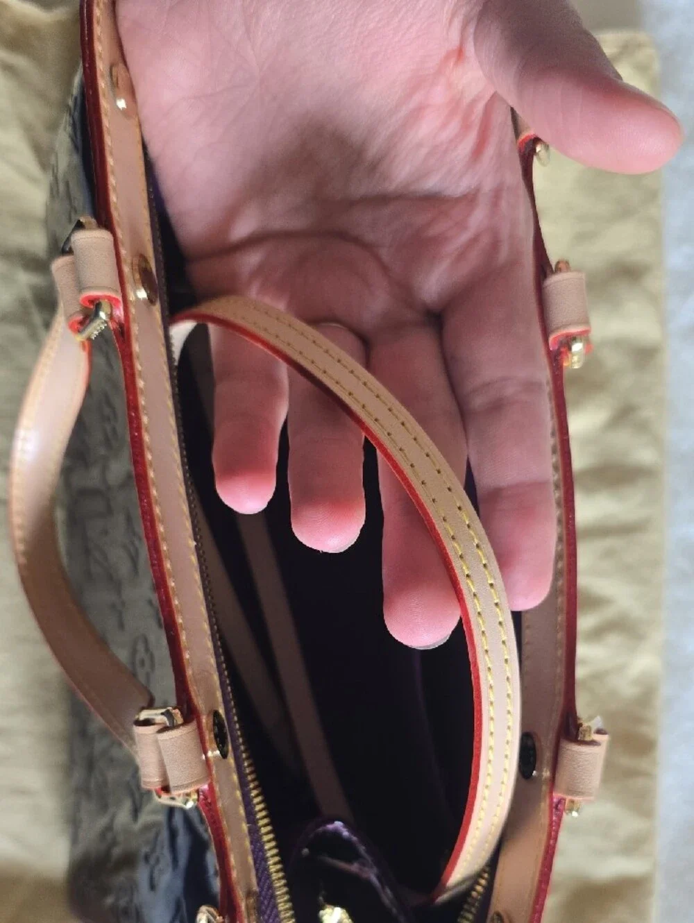FAUX Louis Vuitton Plum Vernis Leather Satchel with Natural Trim NEVER USED